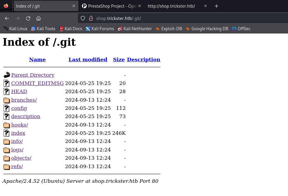 Index of /.git en shop.trickster.htb: HEAD, config, objects, refs, logs accesibles por HTTP