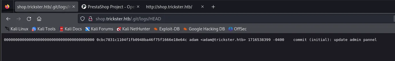 git log: commit inicial de adam <adam@trickster.htb> con el mensaje update admin pannel