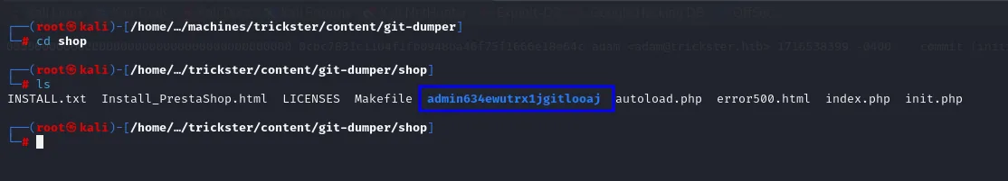 el listado del repositorio volcado muestra INSTALL.txt, index.php, init.php y un directorio admin634ewutrx1jgitlooaj