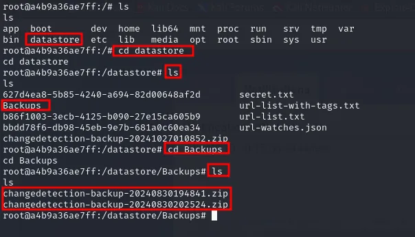 el listado de /datastore muestra Backups, secret.txt, url-list.txt y url-watches.json, y dentro de Backups dos ficheros changedetection-backup con fecha de agosto de 2024