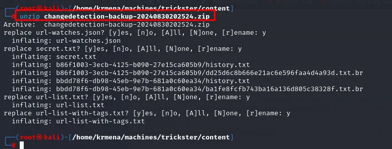 el unzip del backup de las 20:25 extrae url-watches.json, secret.txt, dos directorios con history.txt y varios ficheros .txt.br