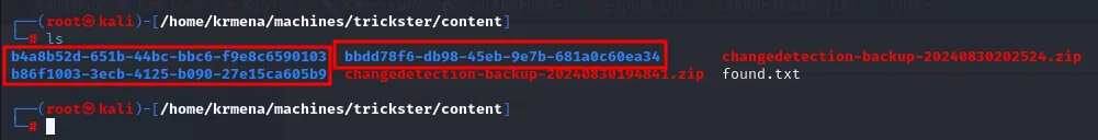 el ls del directorio de trabajo muestra los tres directorios UUID extraídos junto a los dos zip