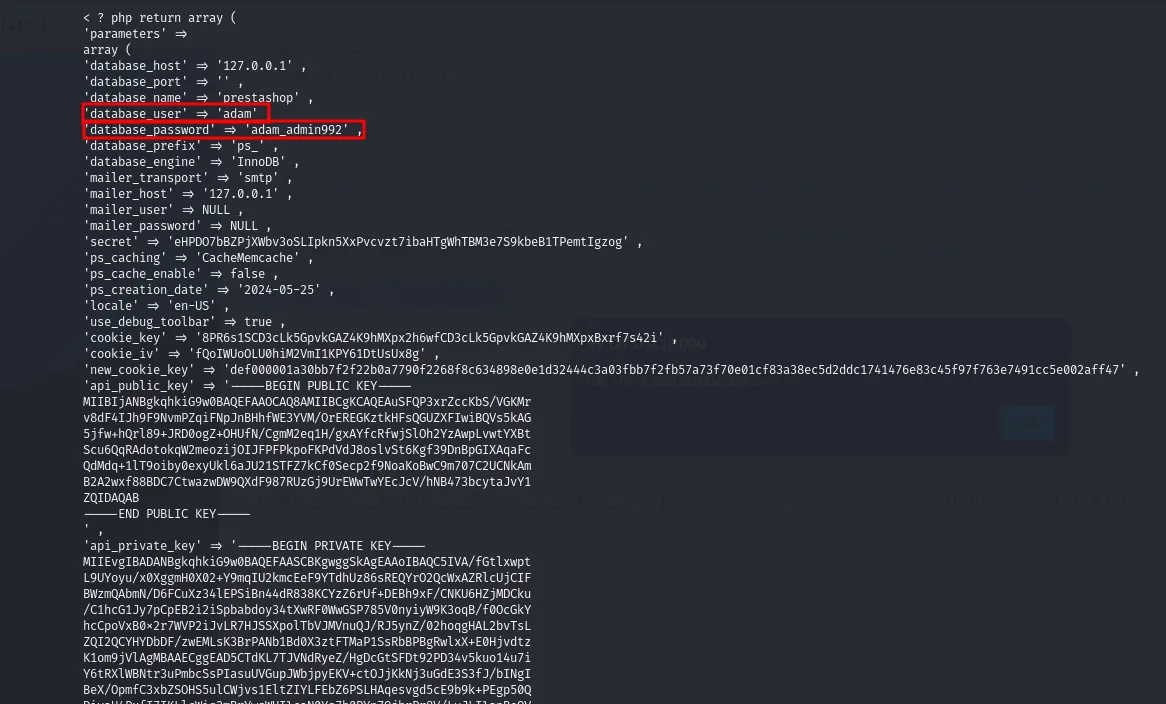 el parameters.php recuperado del backup, con database_user adam y database_password adam_admin992 resaltados