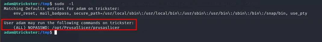 sudo -l: adam puede ejecutar /opt/PrusaSlicer/prusaslicer como cualquier usuario sin contraseña