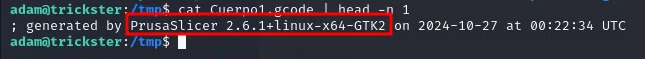 la primera línea del G-code declara: generated by PrusaSlicer 2.6.1+linux-x64-GTK2 on 2024-10-27