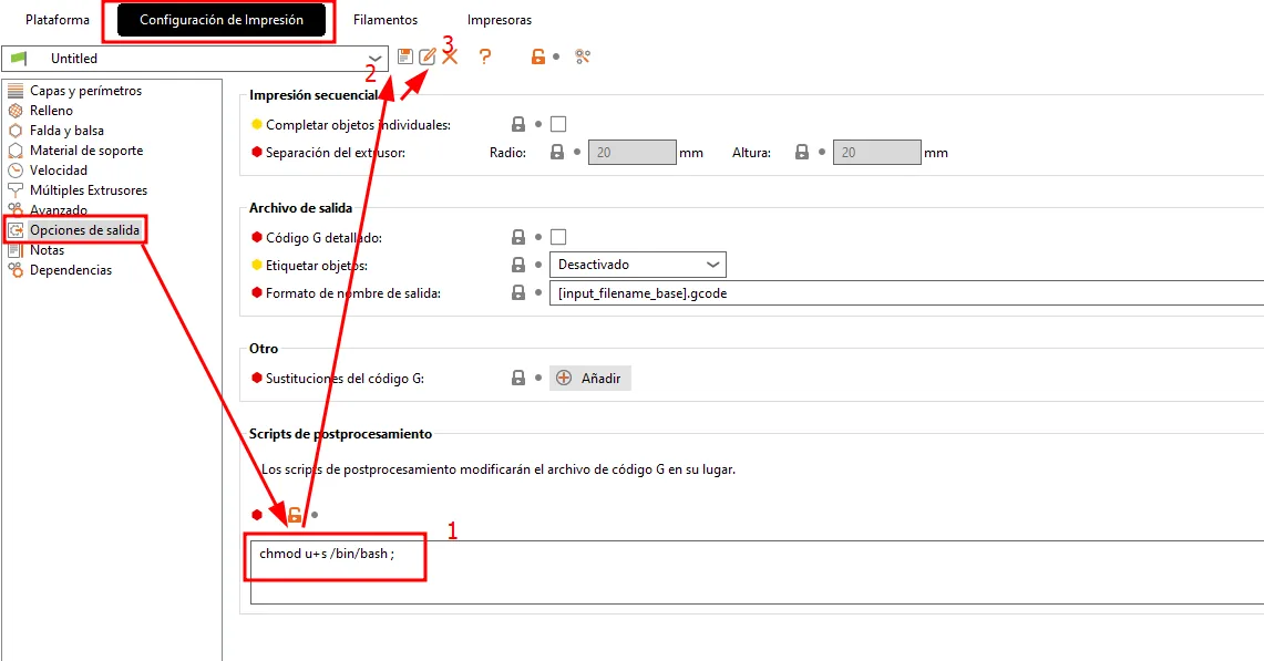 La interfaz de PrusaSlicer con la pestaña de post-processing scripts donde se inyecta el comando