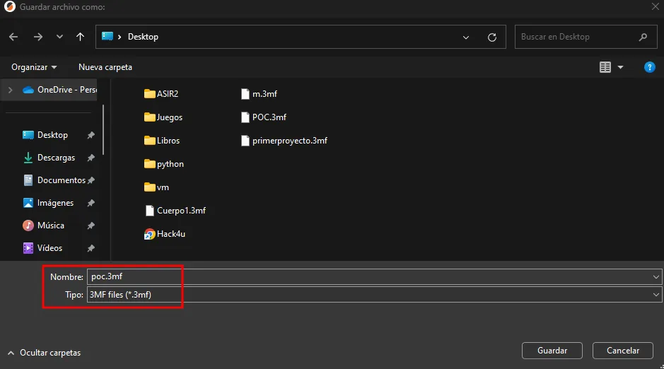 el diálogo Guardar archivo como de PrusaSlicer, con el nombre poc.3mf y el tipo 3MF files (*.3mf)