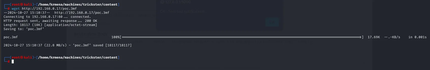 el wget descarga poc.3mf con sus 18117 bytes al directorio de trabajo del Kali