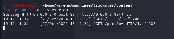 el http.server del Kali registra el GET /poc.3mf desde 10.10.11.34 con un 200
