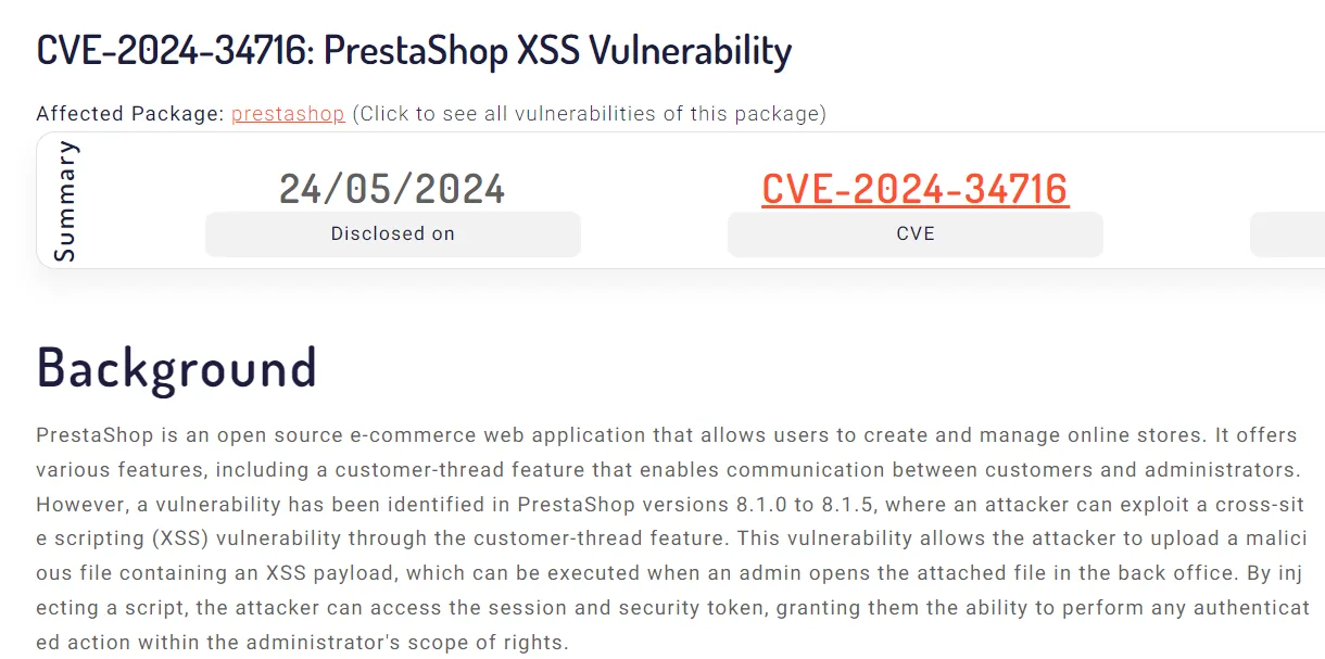 la ficha de CVE-2024-34716 describe el XSS en la funcionalidad customer-thread de PrestaShop 8.1.0 a 8.1.5