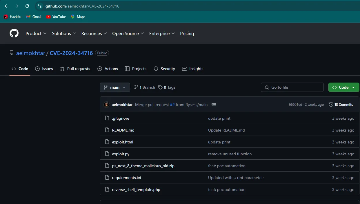 el repositorio aelmokhtar/CVE-2024-34716 en GitHub con exploit.py, exploit.html, ps_next_8_theme_malicious_old.zip y reverse_shell_template.php
