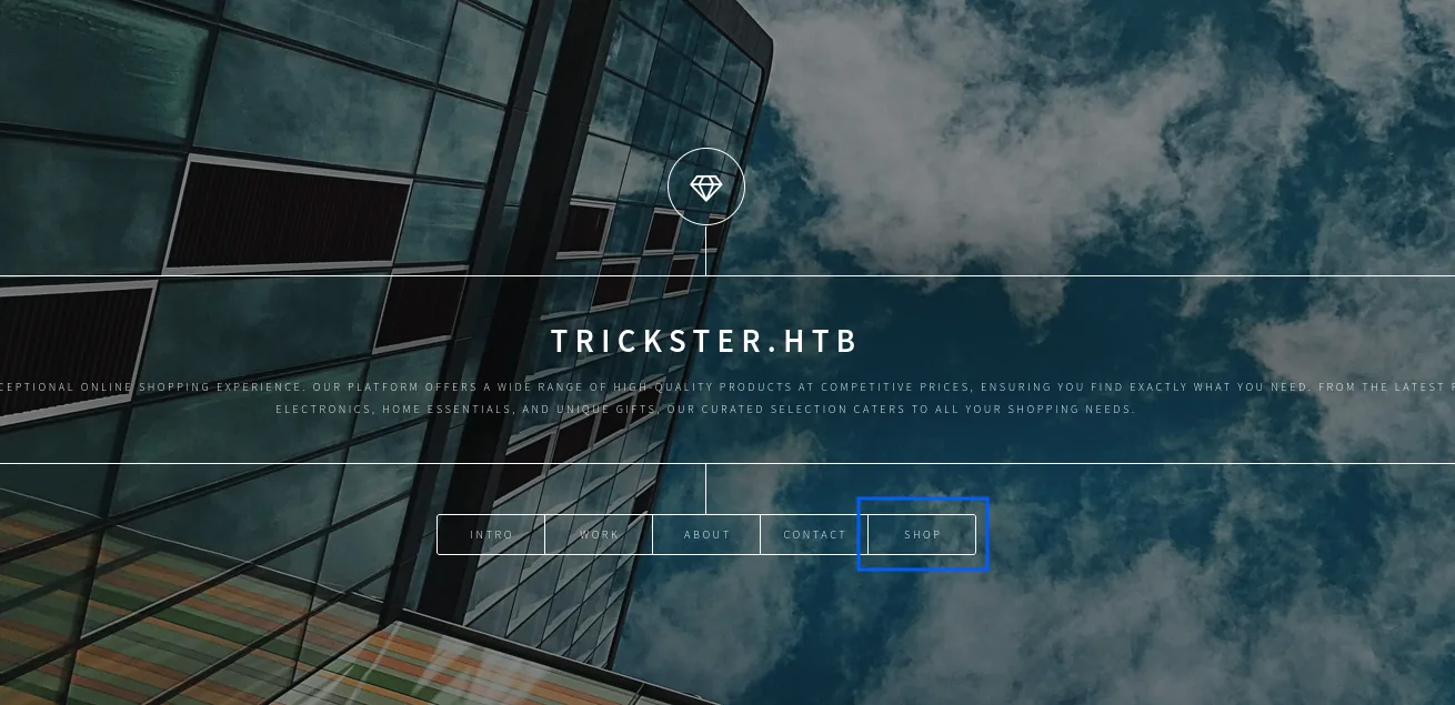la portada de trickster.htb es una web corporativa estática cuyo menú incluye un enlace SHOP