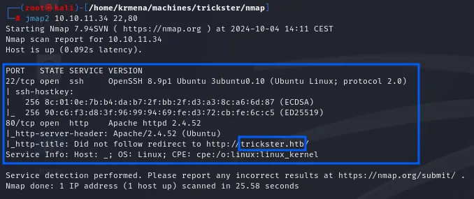 el escaneo de versiones identifica OpenSSH 8.9p1 y Apache 2.4.52, y el http-title delata la redirección a trickster.htb