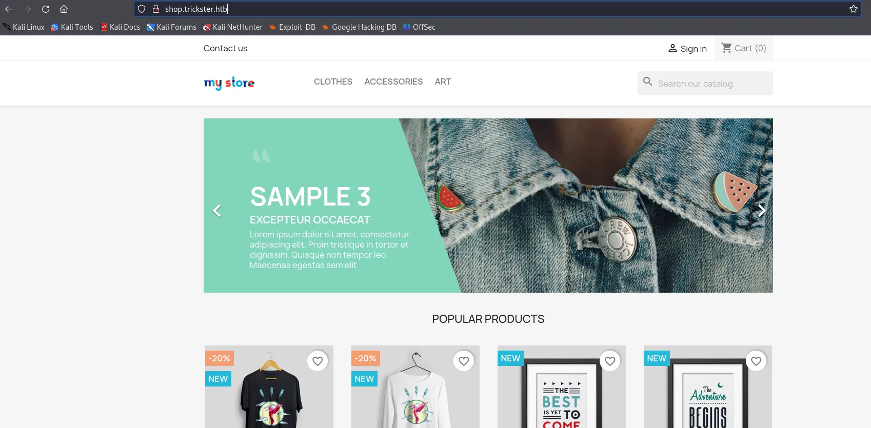 shop.trickster.htb sirve una tienda PrestaShop con catálogo, carrito y formulario de acceso