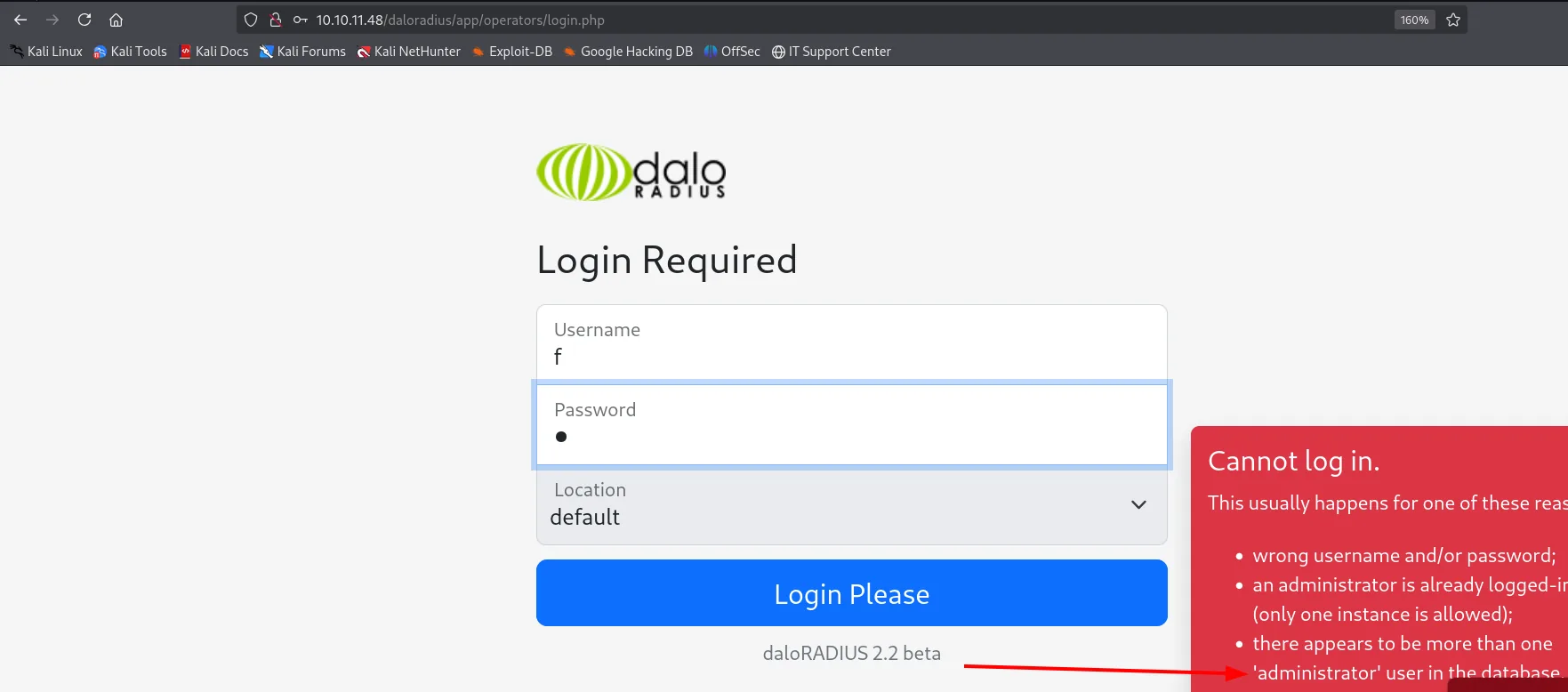 el login de operadores revela que el usuario administrator existe