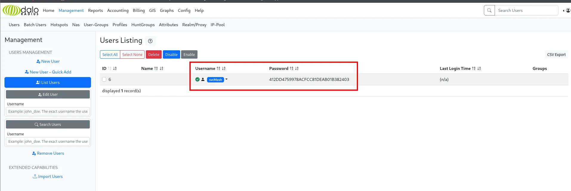 List Users muestra svcMosh con un hash MD5