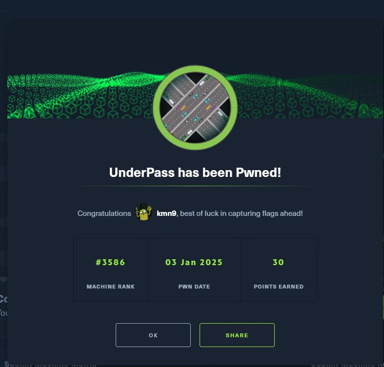 la pantalla de HackTheBox anunciando UnderPass has been Pwned con la fecha 03 Jan 2025 y 30 puntos