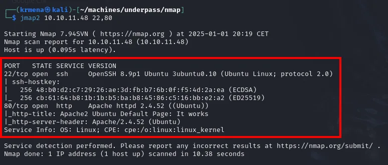 jmap2 identifica OpenSSH 8.9p1 Ubuntu 3ubuntu0.10 y Apache httpd 2.4.52 con el título Apache2 Ubuntu Default Page