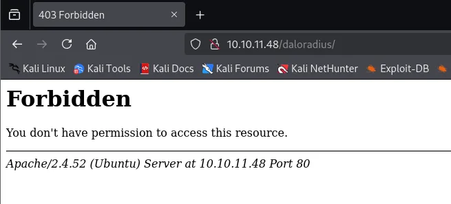 http://10.10.11.48/daloradius/ devuelve 403 Forbidden