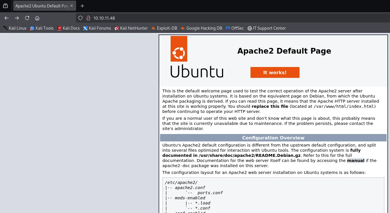 La web en el 80 es la Apache2 Ubuntu Default Page ("It works!")