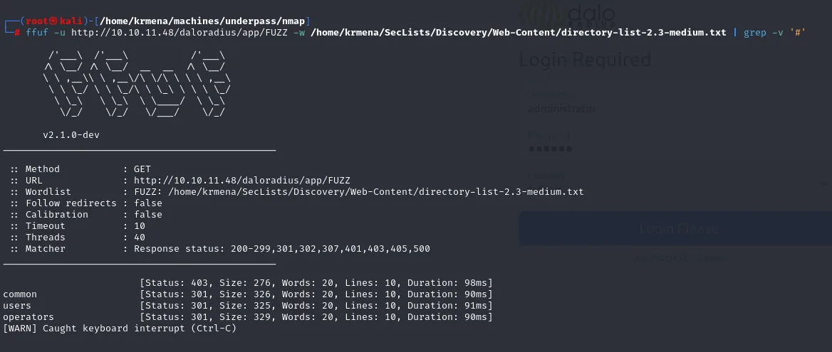 ffuf bajo /daloradius/app/ encuentra common, users y operators