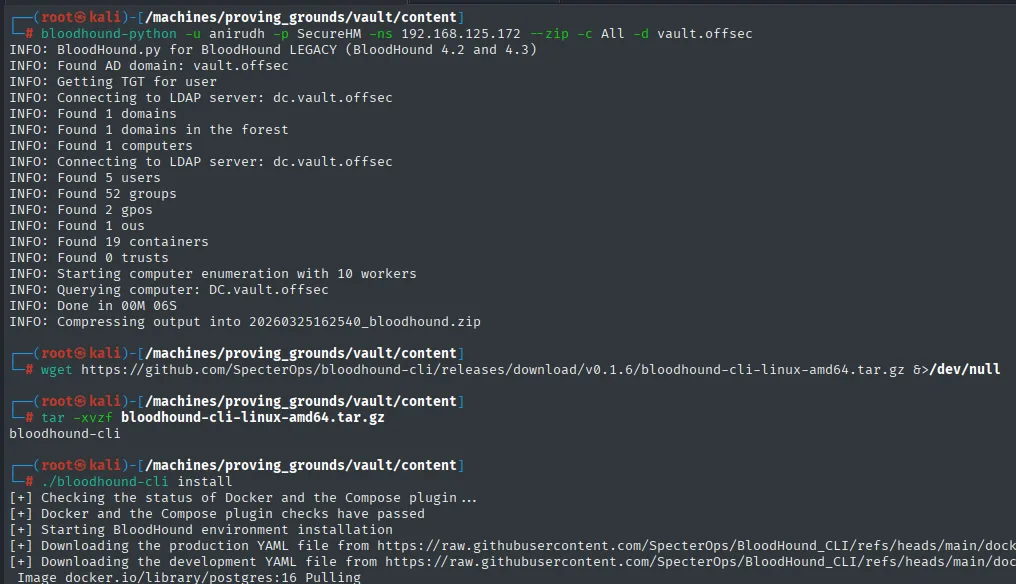 bloodhound-python recolecta 5 usuarios, 52 grupos y 2 GPOs, y bloodhound-cli install levanta la interfaz