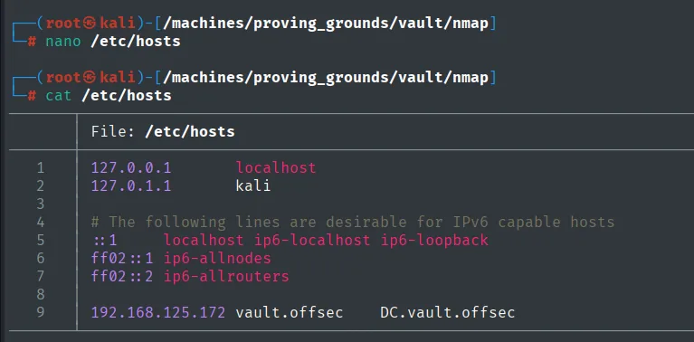 /etc/hosts con la línea 192.168.125.172 vault.offsec DC.vault.offsec