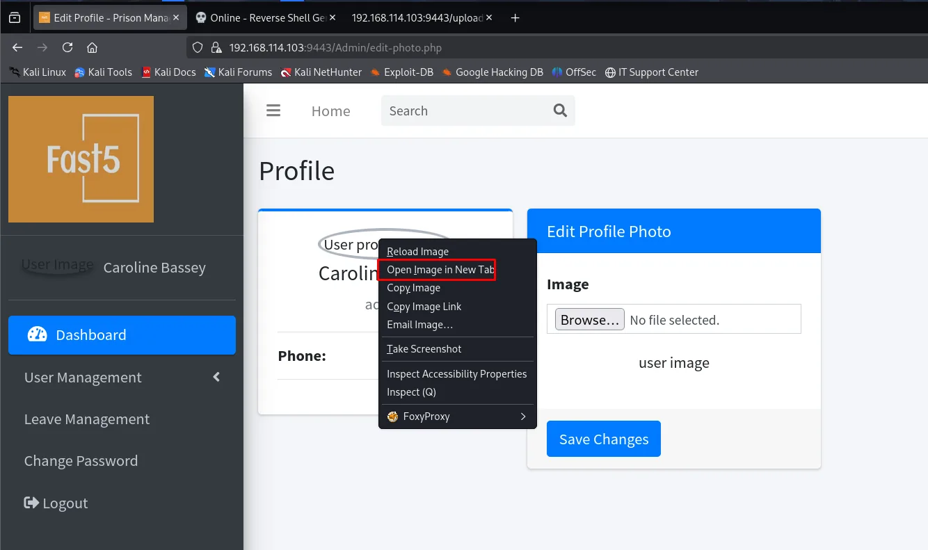 el menú contextual sobre la imagen de perfil de Caroline Bassey con Open Image in New Tab resaltado, junto al panel Edit Profile Photo