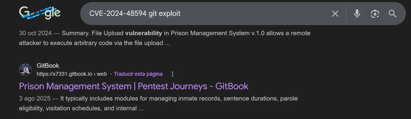 la búsqueda CVE-2024-48594 git exploit devuelve el resumen del NVD y la página Prison Management System de Pentest Journeys en GitBook