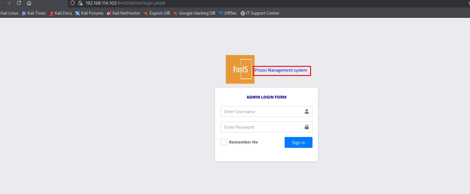 El formulario ADMIN LOGIN FORM de Fast5 Prison Management system en /Admin/login.php