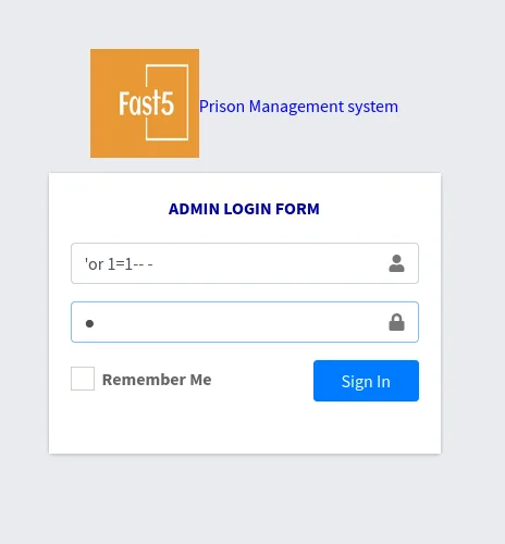 El formulario de login con la carga 'or 1=1-- - en el campo de usuario y una contraseña cualquiera