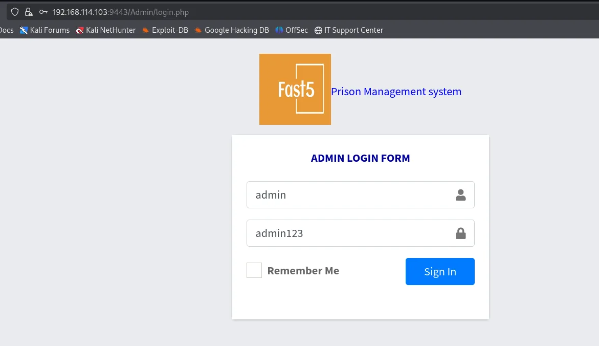 El formulario de login con las credenciales recuperadas admin / admin123
