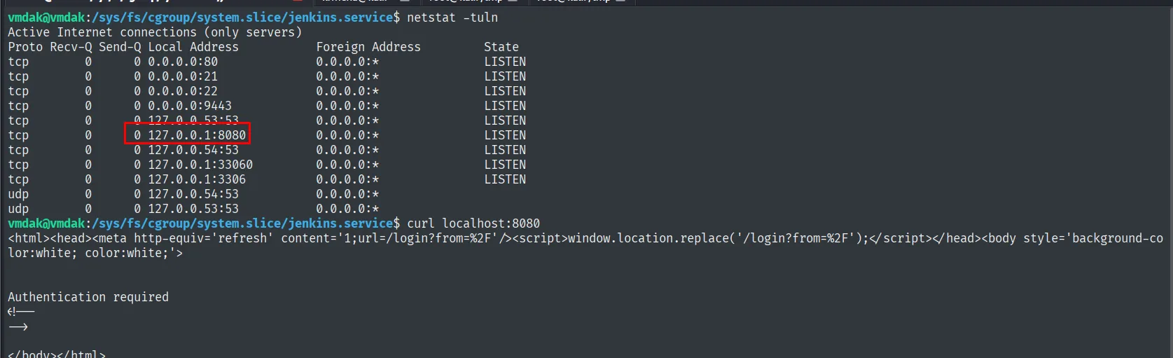 netstat -tuln desde la carpeta del cgroup de jenkins.service muestra 127.0.0.1:8080; curl responde Authentication required