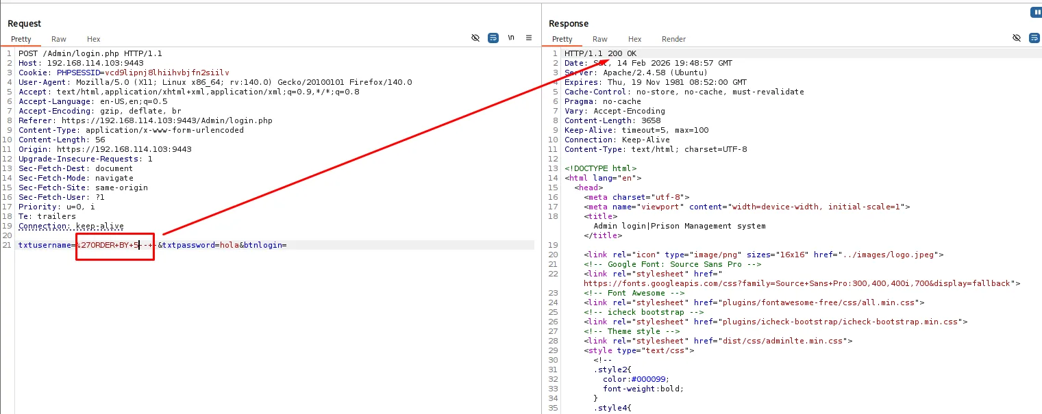 La petición con ORDER BY 5 devuelve HTTP/1.1 200 OK y el HTML del login