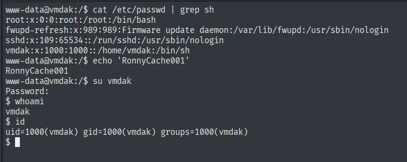 su vmdak con RonnyCache001 desde la shell de www-data; whoami e id confirman el usuario