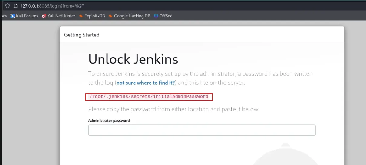 La pantalla Unlock Jenkins a través del túnel (aquí sobre un 8085 local) señalando /root/.jenkins/secrets/initialAdminPassword