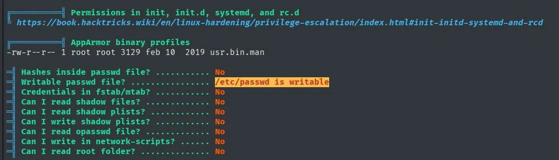 LinPEAS resaltando "Writable passwd file? /etc/passwd is writable"