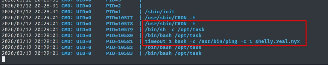 pspy64 mostrando UID=0 ejecutando /opt/task desde CRON y un ping a shelly.real.nyx